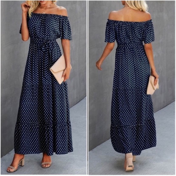 Boho Polka Dot Off Shoulder Ruffle hem Belted Maxi Dress - Picture 3 of 5